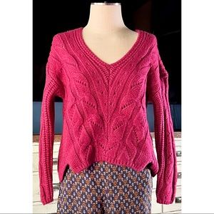 Anthropologie Ramona Wine Cable Knit V-Neck Sweater NWT New XS